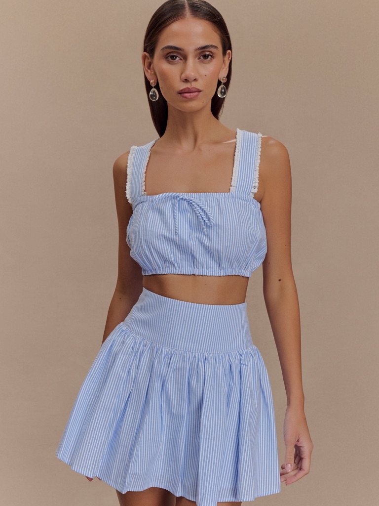 Meshki Gretel Sleeveless Crop Top & Skirt Set- Blue Pinstripe Xs